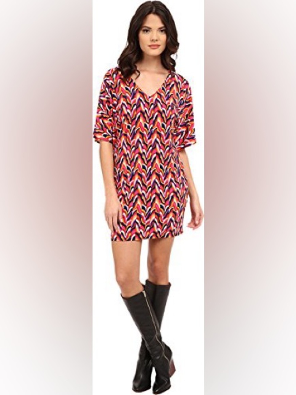 Trina Turk Griffin Pink Navy White Geometric Wave Print Kimono Sleeve Dress 4 S